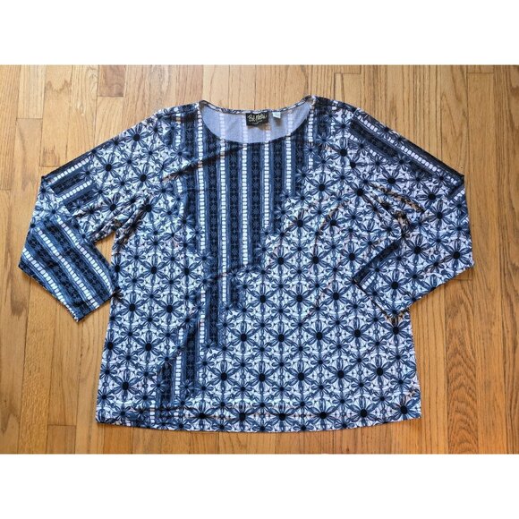Bob Mackie Wearable Art Womens 1X Floral Long Sleeve Top Blue & White - Picture 1 of 7